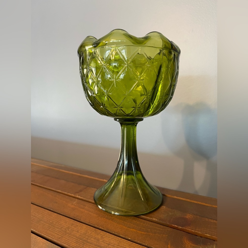 Vintage Indiana Glass Avocado Green‎ Pedestal Diamond Compote Candy Dish Vase